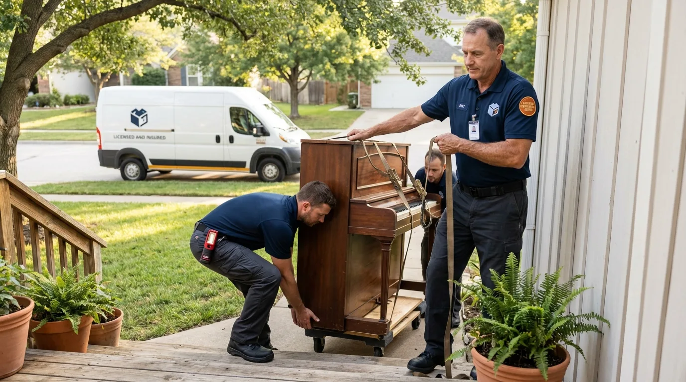 Licensed piano movers securing grand piano in Bridgeport, WV