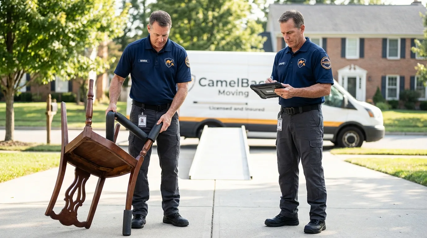 Movers inspecting furniture for damage prevention before loading in Bridgeport, WV