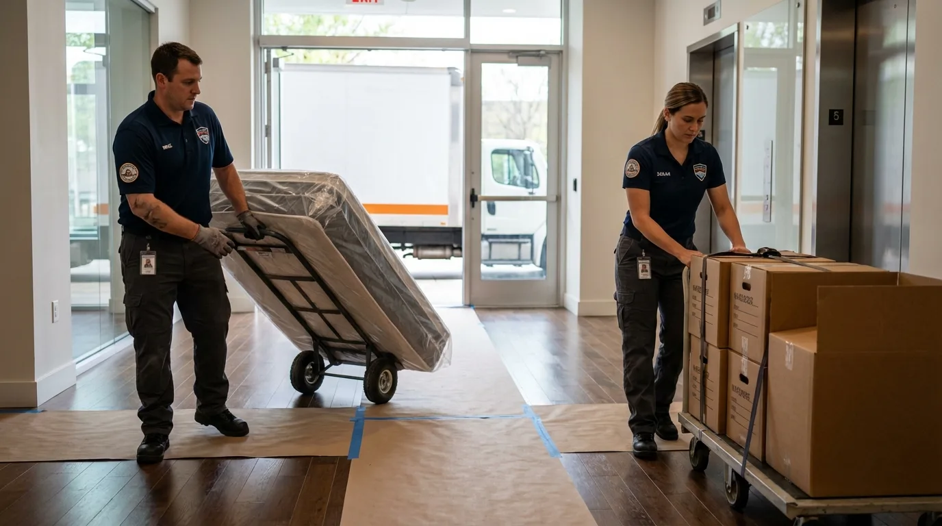 Professional apartment movers loading elevator in Bridgeport, WV